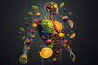 Human body made of vegetables, fruits and berries. Healthy eco organism concept. Generative AI