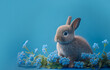 Easter bunny rabbit surrounded by blue flowers, blue background, Spring, Generative AI
