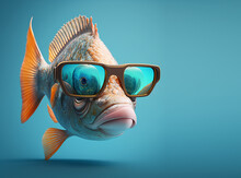 Creative Animal Composition. Fish Wearing Shades Sunglass Eyeglass Isolated. Pastel Gradient Background. With Text Copy Space