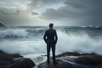 Rear view of businessman standing on rock in the ocean facing oncoming waves, created with Generative AI
