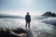 © Peter - Rear view of businessman standing on rock in the ocean facing oncoming waves, created with Generative AI