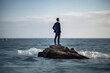 © Peter - Rear view of businessman standing on rock in the ocean facing oncoming waves, created with Generative AI