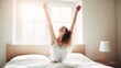 © bomoge.pl - Happy Morning Routine: Woman Stretching and Smiling on Bed. Generative AI.