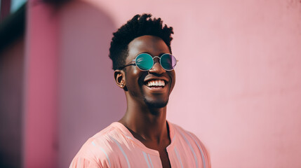 Handsome portrait of black man smiling. Afro American guy with sun glasses. Generative Ai