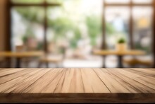 Modern Cozy Outdoor Restaurant With Green Plants, Blurred Background With Wooden Table For Product And Text Placement, Generative Ai