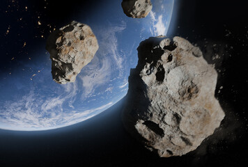 Wall Mural - blue earth and asteroids in the space. view of planet earth from space. elements of this image furni