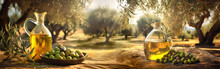 Golden Olive Oil Bottles With Olives Leaves And Fruits Setup In The Middle Of Rural Olive Field With Morning Sunshine As Wide Banner With Copyspace Area - Generative AI