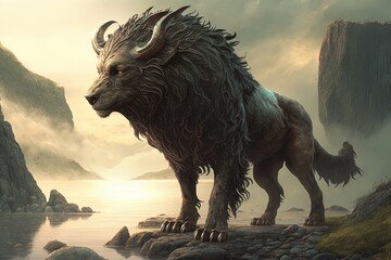 Wall Mural - a divine beast of myth and fantasy lording among the wilds generative ai