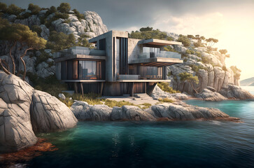 Wall Mural - Luxury villa by river or lake at sunset, exterior of modern house on rocky shore, generative AI