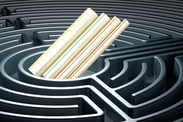 Poster - pvc pipes, composite pipe, upvc pipe, cpvc pipe inside labyrinth, maze. 3d rendering