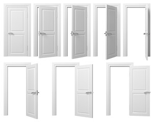 Poster - White doors set with silver handle. Front view opened and closed door. 3D rendered image