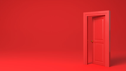 Poster - Half open door frame in the middle of the room on red background. 3D rendered image.