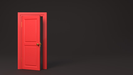 Poster - Red half open door frame in the middle of the room on black background. 3D rendered image.