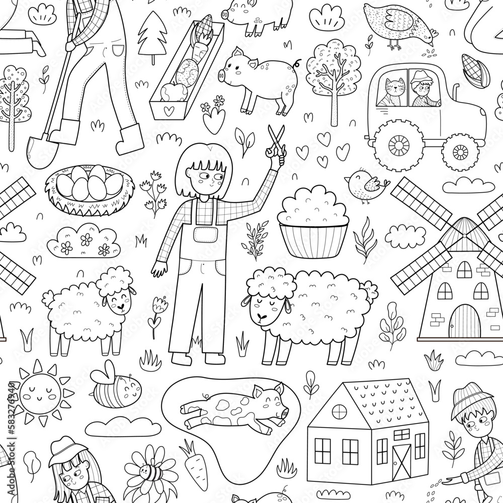 Cute black and white seamless pattern with farm animals and kids ...