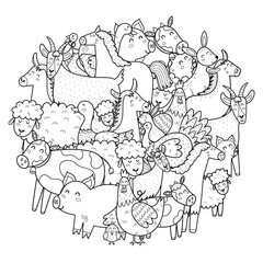 Cute farm animals circle shape coloring page. Doodle mandala with farm characters for coloring book. Outline background. Vector illustration