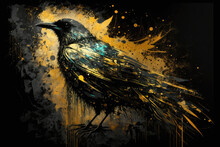 Golden Abstract Bird Poster, On Black Background  Concept Illustration Art, Generative Ai