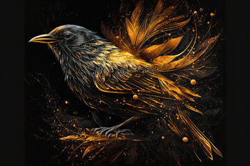 Wall Mural - Golden abstract bird poster, on black background  concept illustration art, generative ai