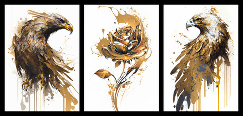 Wall Mural - Set of golden floral art and eagle posters, gold rose and bald eagle on white background abstract concept art, generative ai