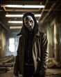 Horror Fashion Photography: Masked Psycho Killer in Old Abandoned Warehouse. Generative AI.