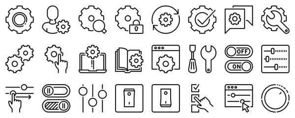 Line icons about settings controls on transparent background with editable stroke.