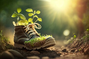 Fresh green plants growing from old leather boot in sunny garden. Generative ai illustration.