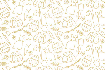 Wall Mural - seamless Easter golden pattern with bunnies, tulips, snowdrops, willow catkins branches, cakes and eggs - vector illustration