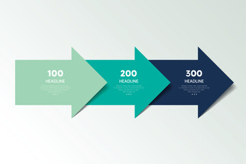 Fototapete - Three step arrow template for presentation. 3 steps options, elements, infographic.