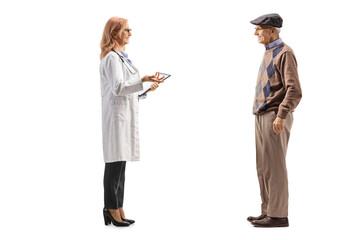 Sticker - Full length profile shot of a female doctor talking to an elderly male patient