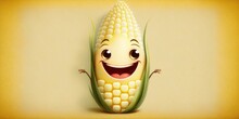 Happy Smiling Yellow Corn Face Cartoon Character, Funny Cute Vegetable Sticker Color Personage Icon Isolated On Yellow Background, Healthy Organic Vegan Diet Food. AI Generative.