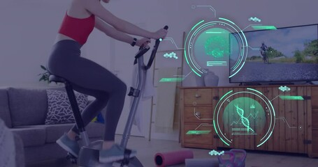 Poster - Animation of data processing over caucasian woman exercising, using stationary bike at home