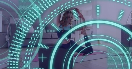 Poster - Animation of data processing over caucasian woman exercising, using laptop