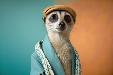 Studio photo portrait of a happy meerkat in tourist clothes, created with Generative AI technology