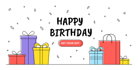 Wall Mural - Gifts line banner. Happy birthday, holiday and festival. Boxes and packages with gifts and confetti. Marketing and advertising, sales and promotions, limited offer. Cartoon flat vector illustration