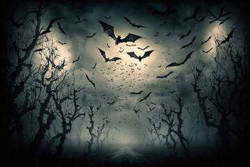 Moody night scene with flying bats on sky and moon background. AI generated image