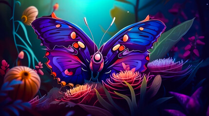 Wall Mural - An illustration of butterfly sitting in the middle of flowers. Generative AI.