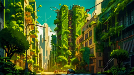 Sticker - An image of city street with lots of green plants. Generative AI.