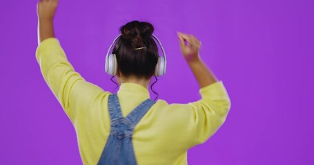 Sticker - Music, dancing and Asian woman face with happiness, freedom and positive energy with headphones. Happy dance, gen z person and young female student listening to web audio in a isolated studio