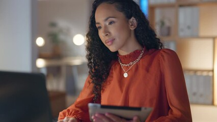 Poster - Black woman, tablet and laptop working at night in digital marketing, web design or research at the office. African American female checking data on touchscreen or online search on computer for UX