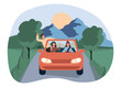 © Rudzhan - Car trip with friends. Men and women ride in red car. Travel and adventure, young people on highway. Tourists and travelers in adventure. Cartoon flat vector illustration