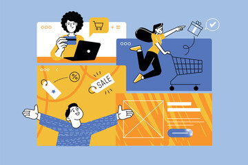 Wall Mural - Vector illustration of e-commerce, online shopping, sale, online shop. Creative concept for web banner, social media banner, business presentation, marketing material.