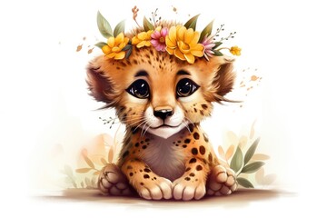 Wall Mural - Cartoon cute lovely Baby Cougar floral.