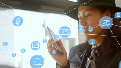 Poster - Animation of network of connections with icons over asian woman talking on smartphone