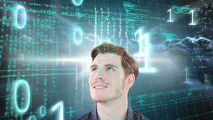 Poster - Animation of data processing over caucasian businessman and clouds on black background