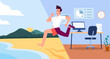 © Rudzhan - Man hurry to rest. Young guy runs from office to sea. Overworked employee on vacation in tropical and exotic country. Office worker running from workplace to summer. Cartoon flat vector illustration