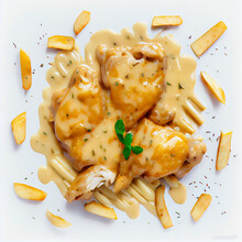 Separate Chicken Thighs With French Fries And Melted Cheese White Background
