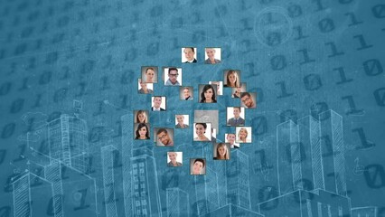 Poster - Animation of data processing and diverse business people over binary coding