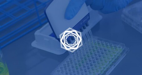 Poster - Animation of white shapes over close up of scientist working in lab