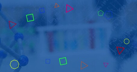 Poster - Animation of colorful shapes and mathematical equations over testing tubes and molecular model