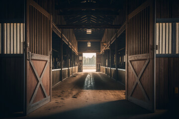 horse stable,stall for horses in wooden house Generative AI