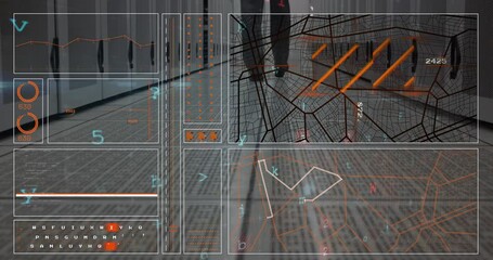 Poster - Animation of abstract patterns, texts, numbers, letters, low section of man walking in server room
